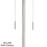 360 Lighting Abba Modern 65" Tall Standing Floor Lamp Skinny Pole Twin Pull Chain Silver Metal Brushed Steel Finish Living Room Bedroom House Reading Office Home Decor Nagano Blue Drum Shade