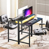 Small Computer Desk with Charging Station and LED Lights, Gaming Desk with Monitor Stand, 2-Tier Home Office Desk, Black