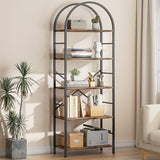 Shintenchi Bookshelf, Arched Bookshelf 5 Tier Bookcase, Tall Shelf for CDs/Books, Home Office Shelf Storage Organizer, Rustic Brown