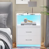 AOGLLATI LED Nightstand Set of 2 with Charging Station, Night Stand with Pull-Out Shelf, 2 Drawers, Bedside Table with LED Lights, Modern End Table with USB Ports Outlets, 2 Pack, White