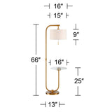 Possini Euro Design Volta Mid Century Modern Arched Floor Lamp with USB Charging Port Glass Tray Table 66" Tall Antique Brass Gold Metal White Linen Drum Shade Living Room Reading House Bedroom