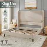 Jocisland King Bed Frame Velvet Upholstered Wingback Headboard, Off-White