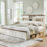 Farmhouse King Size Bed Frame with 2 Drawers & 4 Bookcases On The Headboard