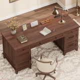 Executive Desk with File Drawers, Farmhouse Home Office Desk with Charging Station, 60 in Wooden Computer Desk, Walunt Brown