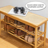 latifolia Shoe Rack Bench, 3-Tier Bamboo Shoe Bench with Breathable Rattan Seat Cushion, Shoe Storage Rack for Entryway(Nature,23.62''L)