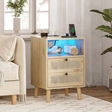 AOGLLATI Rattan Nightstand with Charging Station, LED Night Stand for Bedroom, Wood End Table with USB Ports, Boho Bedside Table with 2 Drawers, Natural