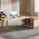 78.7-Inch Executive Desk, L-Shaped Desk with 55-Inch Cabinet, Large Office Desk with Storage Shelves, White & Walnut