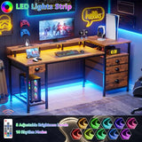 Furologee 60" Computer Desk with File Cabinet and Storage Shelves, Reversible Home Office Desk with LED Lights, Full Monitor Stand, Power Outlets
