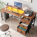 Furologee 60" Computer Desk with File Cabinet and Storage Shelves, Reversible Home Office Desk with LED Lights, Full Monitor Stand, Power Outlets