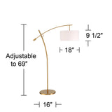 Possini Euro Design Raymond Modern Arc Floor Lamp 69" Tall Warm Gold Metal Adjustable Boom Arm White Linen Drum Shade Decor for Living Room Reading House Bedroom Home Office House