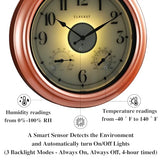 CLXEAST 18 Inch Illuminated Outdoor Indoor Clocks with Smart Sensor,Modern Farmhouse Lighted Wall Clock with Temperature and Humidity for Patio, Garden Decor,Copper/Rose Gold Finish