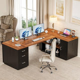 87-Inch Modern Executive Desk with File Cabinet, Large Home Office Desk with Drawers, 3-Drawer Wooden File Cabinet (Brown & Black)