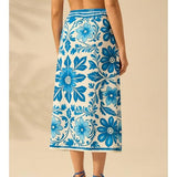 Talakeno Womens Floral Wrap Midi Skirt Summer Adjustable Tie Side Casual High Waist A Line Beach Boho Long Flared Skirts(Blue,L)