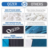 QEZER Down Mummy Sleeping Bag for Adults, 54°F to 28°F Warm Weather Lightweight Compact for Camping Backpacking Hiking, Outdoor Sleeping Bag with 600 Fill Power Down
