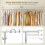Heavy Duty Clothes Rack 75" Extra Wide, 450 LBS Clothing Rack with 4 Hooks, Lockable Wheels, Metal Garment Rack for Bedroom, Laundry Room, Commercial