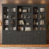 Vyre 71" Tall Farmhouse Bookshelves with Glass Doors and Drawers, Set of 3 – Large Modular Bookcase with Adjustable Shelves