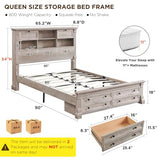 Queen Size Bed Frame 2 Drawer & 4 Storage Rack Headboard Charging Station | Farmhouse 54"Tall Storage Headboard