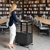 AV Presentation Cart Stand with Locking Cabinet, Steel Rolling Metal Cart on Wheels with Keyboard Tray & 16.