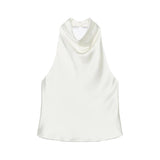 Maohao Women's Silk Satin Tank Tops Halter Draped Front Sexy Backless Womens Summer Tops Elegant Camisole Tops (White,M)