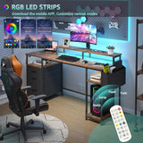 Gaming Desks with Led Lights and Power Outlets, 55 Inch with Shelves Monitor Stand, Rustic Brown