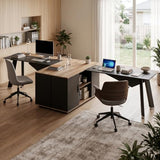 63" Executive Office Desk with Reversible Storage Cabinet, L Shaped Office Desk with Built-in Charging Station, Modern Home Office Desk for Managers