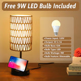Touch Table Lamp For Bedroom with Bulb, Boho Small Desk Lamp For Living Room With Rattan & Linen Shade