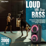 Party Speaker Dolphin Bluetooth SP-2080RBT - Dual 8” Woofers, Wireless Mic, Deep Bass & LED Lights with USB/SD, Rechargeable Battery – Huge Bluetooth Party Speaker for Indoor & Outdoor Use - Black
