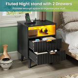 AOGLLATI Fluted Nightstand Set of 2 with Charging Station, Black LED Nightstand with 2 Drawers and Open Storage Cubby, Modern Bedside Table with LED Lights & Metal Handle for Bedroom