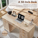 58" Modern Executive Desk with Storage, Wood Home Office Desk with 5 Drawers & 1 Cabinet, Fluted Computer Writing Desk, Oak