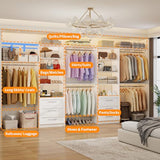 Closet System with 6 Wood Drawers, 6-12FT Closet Organizer System with Cuttable Shelves for Walk in Closet with 6 Expandable Hanging Rods