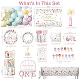 Fexivo 269pcs Wildflower 1st Birthday Decorations Girl, One-stop Set for 25 People, Includes 350gsm Plates Backdrop and Tablecloths, Suitable for Wild and Onederful 1st Birthday Girl