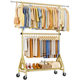 JIEJIERUI Heavy Duty Clothes Rack for Hanging Clothes, Double Rods Clothing Rack with Lockable Wheels, Rolling Garment Racks, Gold