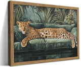 Framed Trendy Cheetah Wall Art Funky Leopard On Emerald Green Sofa Picture Wall Decor Eclectic Wildlife Poster Print for Living room Bedroom Home Decoration 12x16in