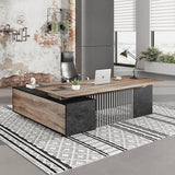 SAINTCY L-Shaped Executive Desk, Industrial Office Desk with Drawer & Cabinet, Large Wood Desktop
