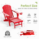 GREENVINES Adirondack-Chairs-with-Ottoman | Set of 2 | Folding | Retractable-Footrest | HDPE Plastic | All Weather Fire Pit Chair | Cup Holders | Red | for Outdoor Poolside
