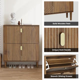 Smuxee Shoe Cabinet with 2 Flip Drawers, 31.5" Walnut Hidden Shoe Storage Cabinet with Line Groove Design, Freestanding Shoe Organizer Cabinet for Hallway, Entryway, Living Room