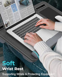 Potuopy Lap Desk - Up to 17” Laptop Tray with Wrist Rest, Portable Handle, Fixed Mouse Pad, Tablet & Phone Slots, Laptop Stand for Bed with Cushion (Black)