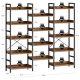 Rolanstar Bookshelf 5 Tiers, Triple Bookcase with Open Display Shelves, Industrial Wide Bookshelf, Rustic Brown