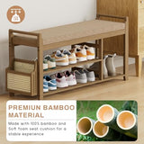 Homaxy 2-Tier Shoe Rack Bench with Side Holder, 39.4 in Bamboo Entryway Bench, Shoe Rack Organizer with Cushion for Front Entrance, Hallway Living Room Bedroom, Walnut and Light Brown