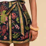Talakeno Womens Summer Floral Wrap Short Skirt Tie Side High Waist A Line Beach Vacation Boho Mini Skirt(Black-Gold,L)
