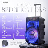Dolphin 12-Inch Rechargeable Bluetooth Party Speaker – High Power Sound, TWS Compatibility, LED Lights, 5-Band Equalizer, Portable Design with Trolley and Wheels