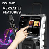 Dolphin KaraokeBox 85R Portable Karaoke Machine | 14" Tablet, Voice Modulation, HDMI, Bluetooth, USB, SD, FM | Rechargeable, 8" 100 Watts, Trolley Handle & Wheels