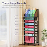 9-Tier Rolling File Cart - Paper Organizer with Drawer and Trays, Wood Desk Office Organizer