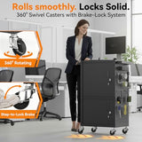 AV Cart - Heavy Duty Computer Cart with 2 Cabinets, Rolling Media Cart with 4 Outlets & Pegboard & Hooks