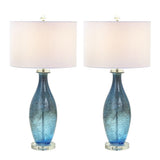Pemberly Row Contemporary Table Lamps, 30-Inch Blue Tone Art Glass Body with Crystal Base, Linen Shade, 3-Way Switch, Coastal Style for Living Room or Bedroom Lighting, Set of 2