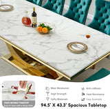 94.5" Large Marble Dining Table Set for 10, Luxury White Gold Kitchen Table with 10 Blue Velvet Dining Chairs