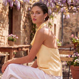 Maohao Women's Silk Satin Tank Tops Halter Draped Front Sexy Backless Womens Summer Tops Elegant Camisole Tops (Yellow,M)