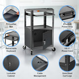 Steel Large AV Cart with Locking Cabinet - Adjustable Height Media Carts with Wheels, Pullout Tray, Power Strip for Mobile Work Station