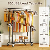 800LBS Heavy Duty Clothes Rack: Rolling Clothing Rack for Hanging Coat Double Rods Portable Wardrobe Garment Racks with Wheels Shelf Sturdy