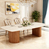 Tribesigns 78.74" Travertine Slab Dining Table for 8-10, Modern Horse Belly Dining Table, Luxury White & Brown Kitchen Table